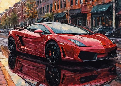 De Lamborghini Gallardo rood met stadsgezicht