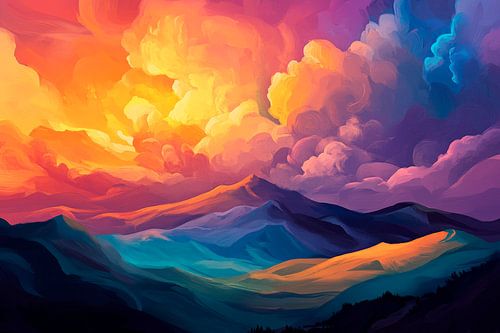 Paysage de montagne fantaisiste au coucher du soleil