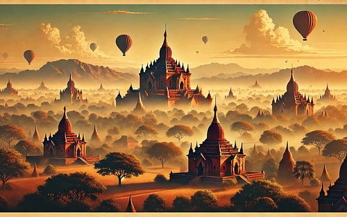 Affiche vintage de Bagan, Myanmar sur Chromatic Fusion Studio