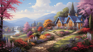 Kleines Haus Gemälde Malerei im Frühling mit vielen bunten Blumen im Garten Wasserfarben Design