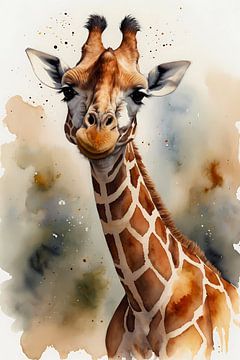 Aquarell-Giraffe mit Farbspritzern von De Muurdecoratie