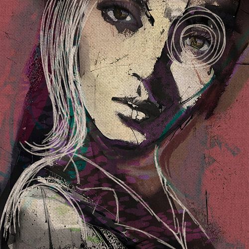Eyes of Wonder | Vrouwenportret - Expressief, urban portret schilderij in roze, paars en groen