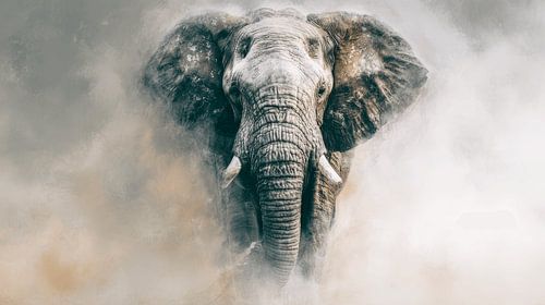 In monumentaler Stille aus dem Nebel aufgestiegener Elefant von Eva Lee