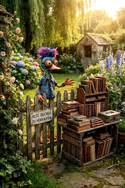 Bird doll is selling old books in the garden