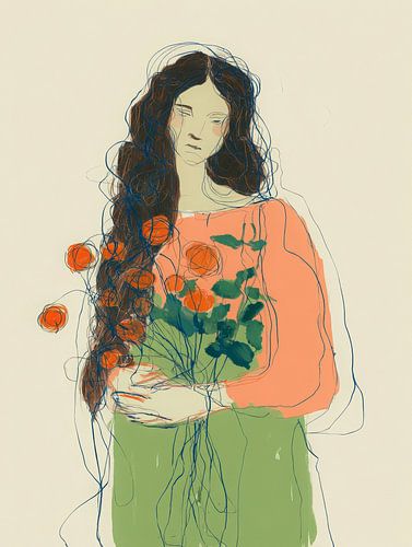 Femme rêveuse avec un bouquet de fleurs