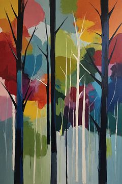 Scène de forêt en couleur abstraite sur De Muurdecoratie