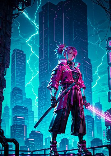 Anime Mädchen Samurai Cyberpunk Stil Japan