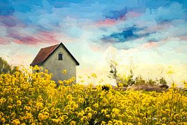 Deichhaus inmitten von Leinsamen von Arjen Roos