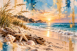 Plage de sable avec une étoile de mer « & Muscheln | Küstenlandschaft bei Sonnenuntergang in Blau & » dorée | Affiche au format paysage sur ButterflyPix