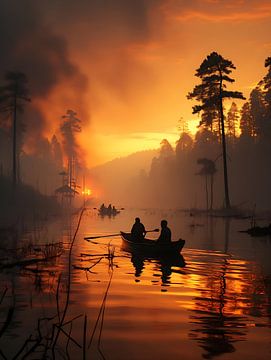 Lac Haroulita dans la brume avec des pêcheurs sur PixelPrestige