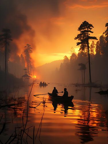 Lake Haroulita in the mist with fishermen