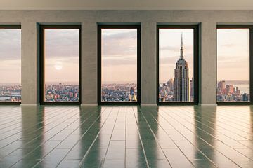 Blick aus großen Fenstern auf Manhattan / New York bei Abendlicht von Jürgen Neugebauer | createyour.photo