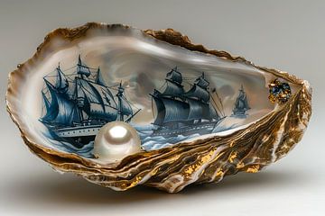 Delft Blue Oyster with pearl and sailing ship by Dunto Venaar