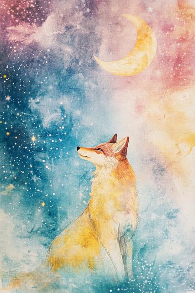 Wolf in Dreamlight under Moon and Starry Sky by Eva Lee