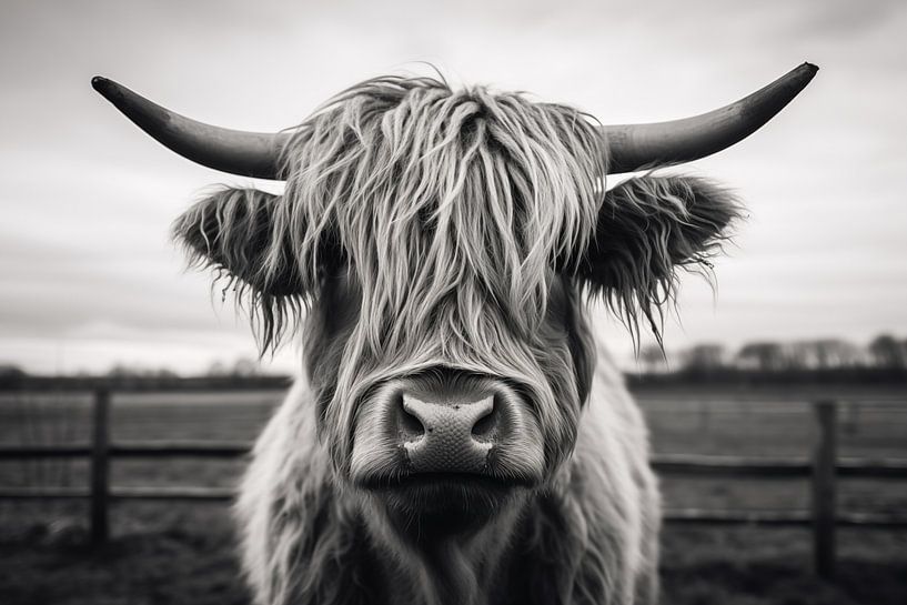 Photographie en noir et blanc d'un bovin Highland écossais en portrait par Animaflora PicsStock