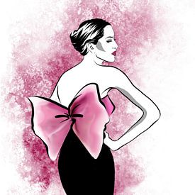 Illustration de mode rose avec nœud papillon vintage sur Janin F. Fashionillustrations
