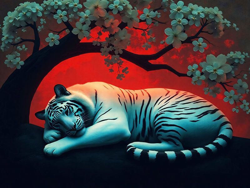 Weißer Tiger unter blühendem Baum von A.D. Digital ART