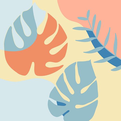 Zomertijd. Tropische botanische abstracte bladeren in terracotta, blauw en geel nr. 8_2