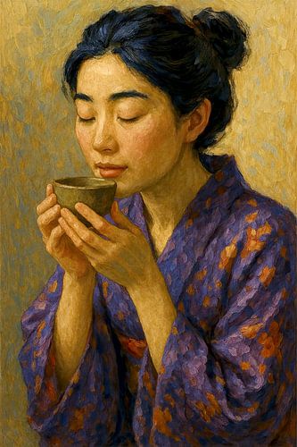 Japanese tea ceremony in purple kimono (tranquillity, zen, meditation, tradition, Japanese woman)