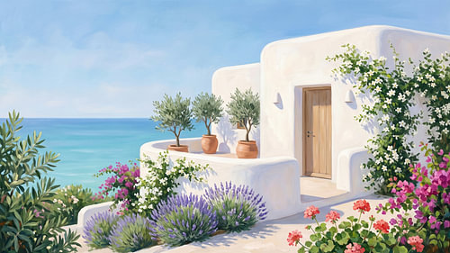 Villa côtière blanche au milieu des fleurs