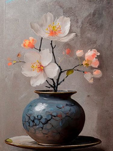 Nature morte Japandi : fleurs de cerisier japonais dans un vase rustique sur Studio Pieternel