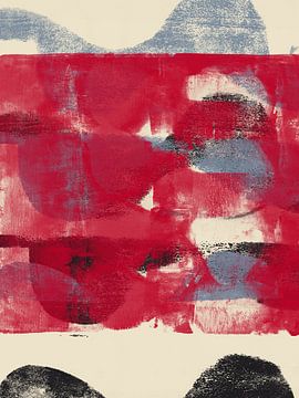 Red, blue, black shapes on white. Colorful abstract art in vivid colors by Dina Dankers