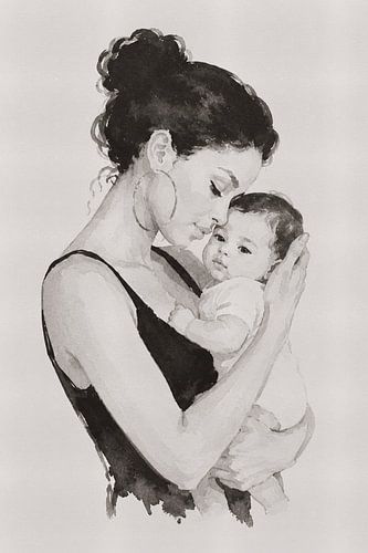 Tender Ink – Mother and Child in Indian Ink Portrait
