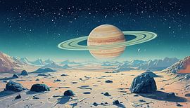 Galactic Horizon: Alien Landscape with Ringed Planet by Artistic