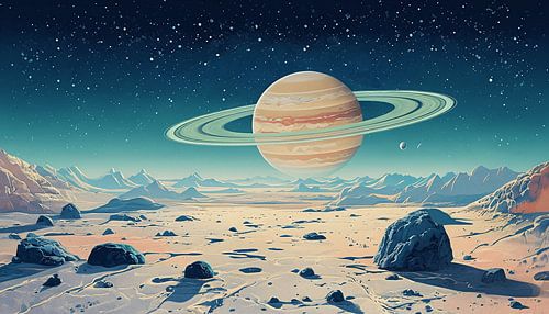 Galactic Horizon: Buitenaards landschap met een planeet met ringen
