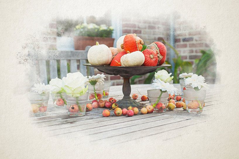 Decorative autumn table setting with outdoor pumpkins and flowers in watercolour. by Youri Mahieu