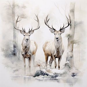 Aquarell von zwei Rehen im weißen Winterwald