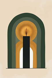 Atmospheric Candle with a Warm Circle and Green Arch Shapes