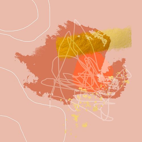 Abstract organic geometric shapes and lines in gold, pink, orange and white by Dina Dankers