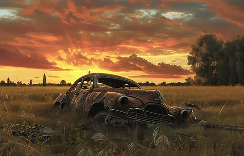 Abandoned in the sunset: car wreck
