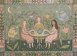 Verspielte Volkskunst-Illustration von drei Freunden beim Teetrinken von Clay Artista