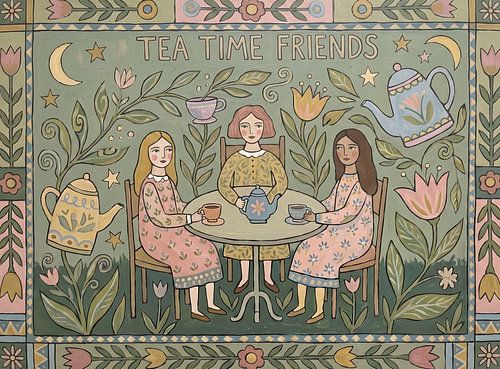Verspielte Volkskunst-Illustration von drei Freunden beim Teetrinken