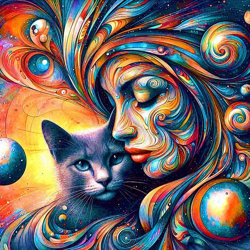 Femme surréaliste Art déco avec son chat siamois (1)