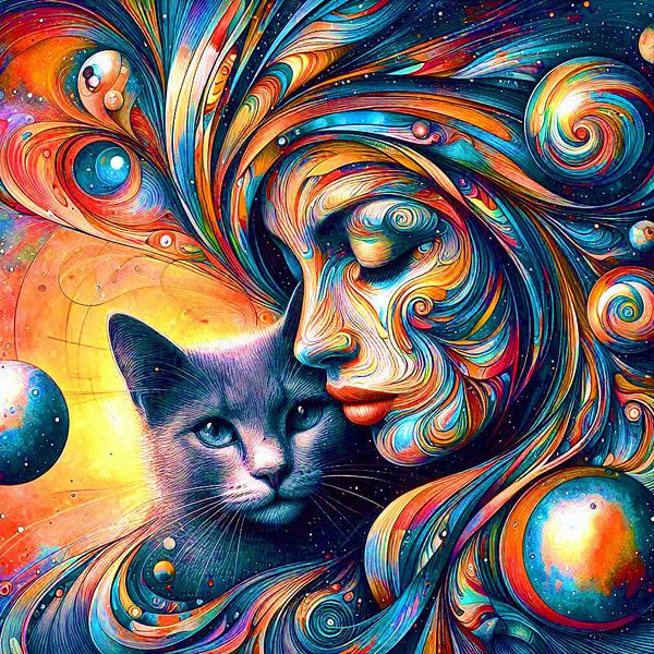 Surrealist Art Deco woman with her Siamese cat. (1 ) by Ineke de Rijk