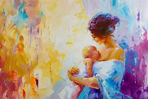 Digitaal abstract schilderachtig portret fictieve vrouw en kind