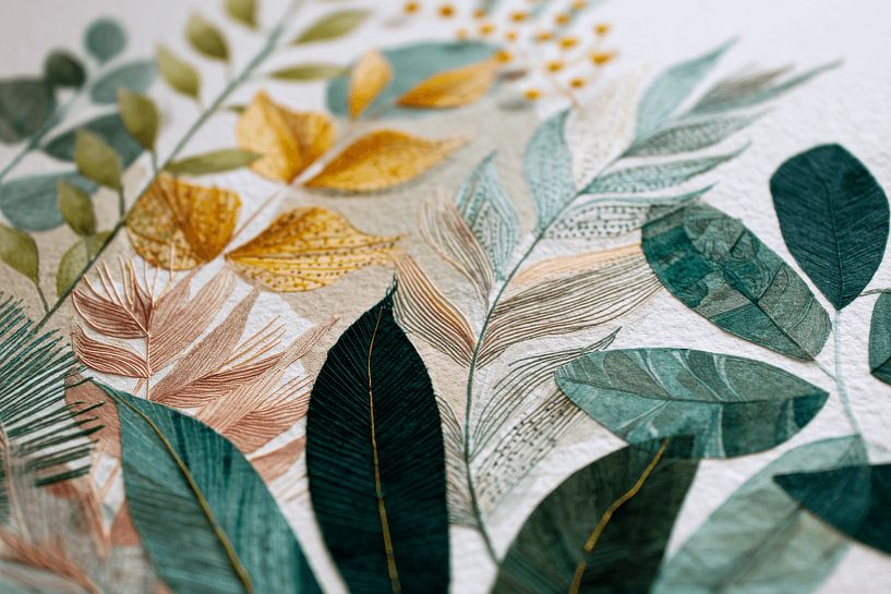 Layered Leaves in Textured Collage Artwork by Eva Lee