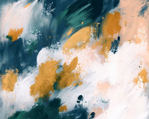 Modern abstract in ochre yellow, blue, white and pink