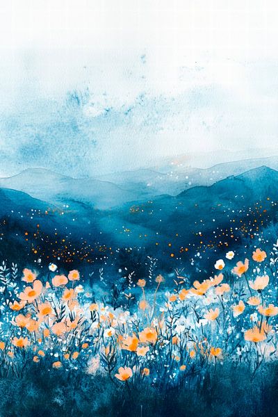 Blooming mountain landscape in blue by Poster Art Shop