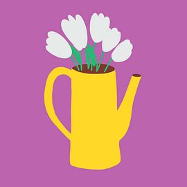 Abstraktes Stilleben mit gelber Gießkanne und weißen Tulpen von Milky Fine Art