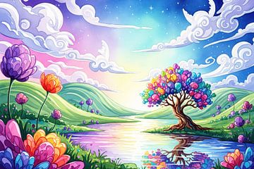 Aquarellandschap met veelkleurige boom, bloemen en rivier van Markus Gann