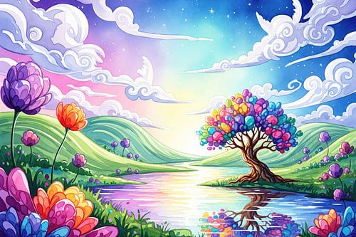 Watercolor Landscape with Multicolored Tree, Flowers, and River