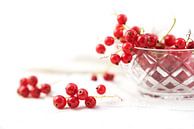 beautiful red currant berries from the garden in a glass bowl and on the table, background with copy by Maren Winter thumbnail