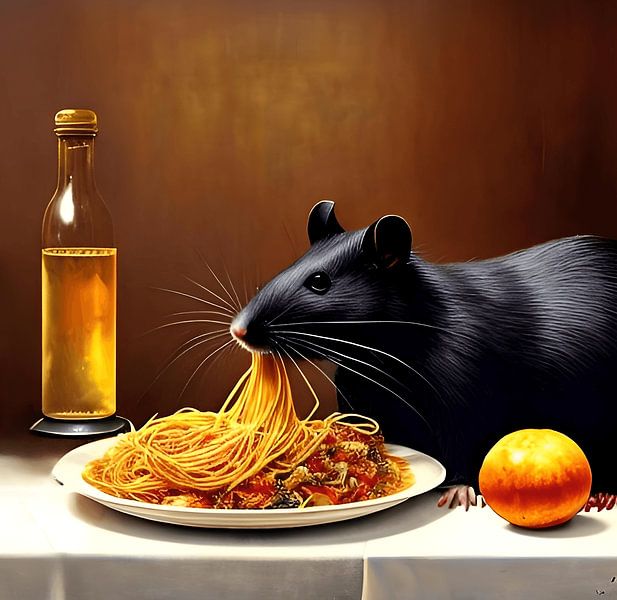Surrealistische rat eet spaghetti van Carina Dumais
