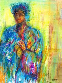 Portrait of an African woman in a blue kaftan. Hand-painted.