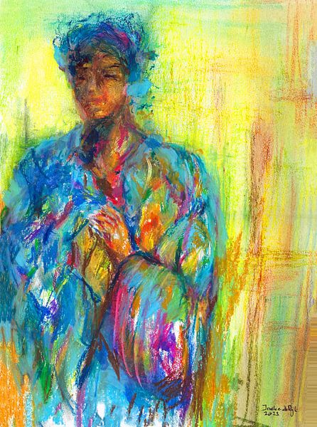 Portrait of an African woman in a blue kaftan. Hand-painted. by Ineke de Rijk
