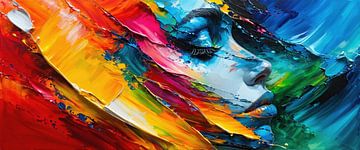 In de zee van kleuren van hoop - Het hoofd van een vrouw, abstract omhoog groeiend vanuit een lichtgevende diepte, haar blik hoopvol opgeheven naar het licht van AidasignArt